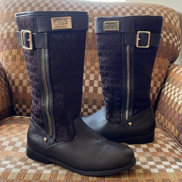 Brand New Michael Kors Girls Dark Brown Zip Up Tall Boots w/ Gold Tone Accents - Picture 2 of 16